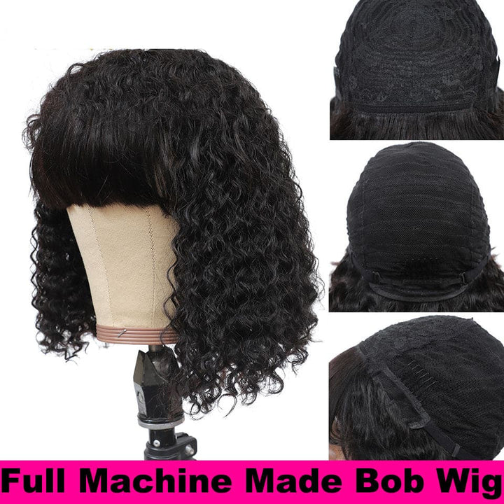 Perucas de cabelo humano de renda com franja, perucas de cabelo humano Kinky Curly Bob feitas à máquina 