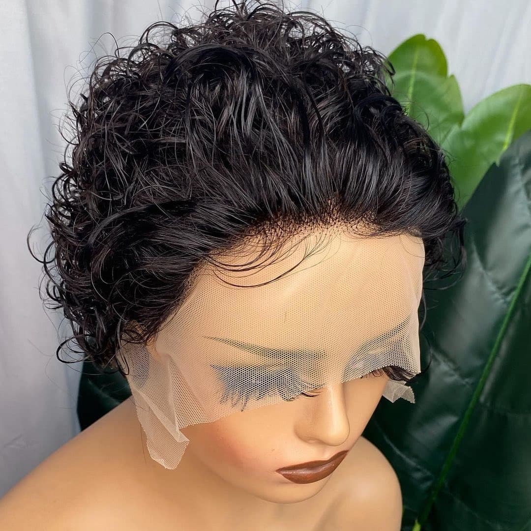 #1b Peruca de cabelo humano encaracolado curto com corte pixie e parte em Y para mulheres negras 