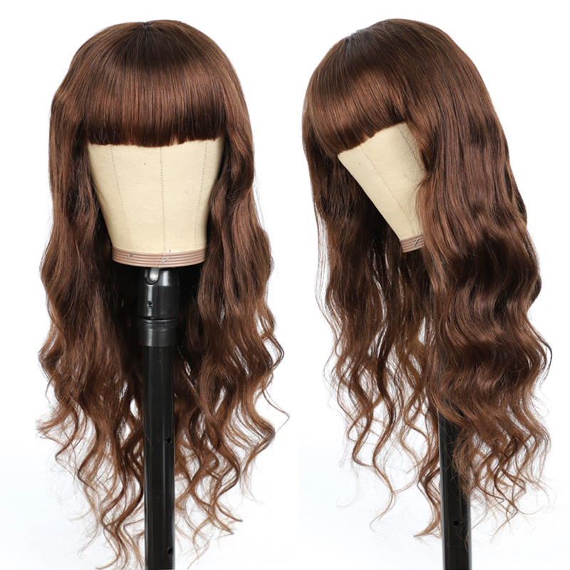 #4 Brown Body Wave Full Machine Made None Lace Virgin Human Hair Wigs With Bangs