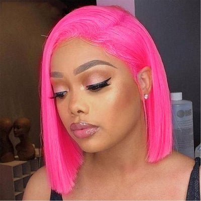 Hot Dark Pink Straight Short Bob  Lace Front Wig Human Hair Transparent Lace