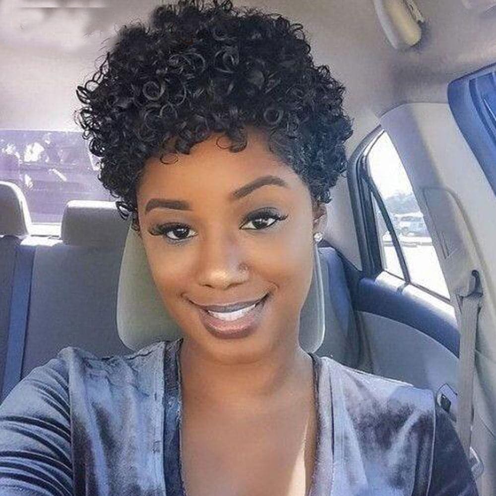 #1b Afro encaracolado short bob 13X1 Lace Pixie Cut Perucas de cabelo humano para mulheres negras 