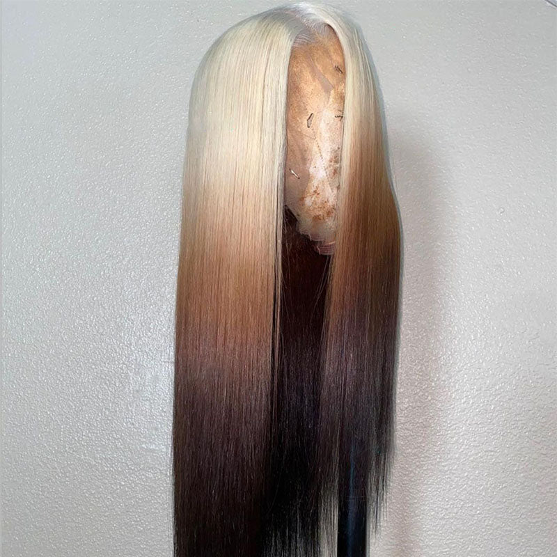 Peruca Ombre Blonde &amp; Black Straight 13x4/4x4 Lace Closure 150%/180% Densidade 