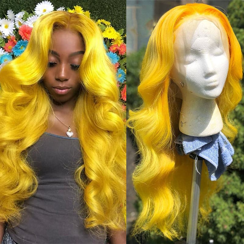 Perruque Lace Front/Fermeture de vague de corps longue de couleur jaune pour les femmes noires avec des cheveux de bébé 
