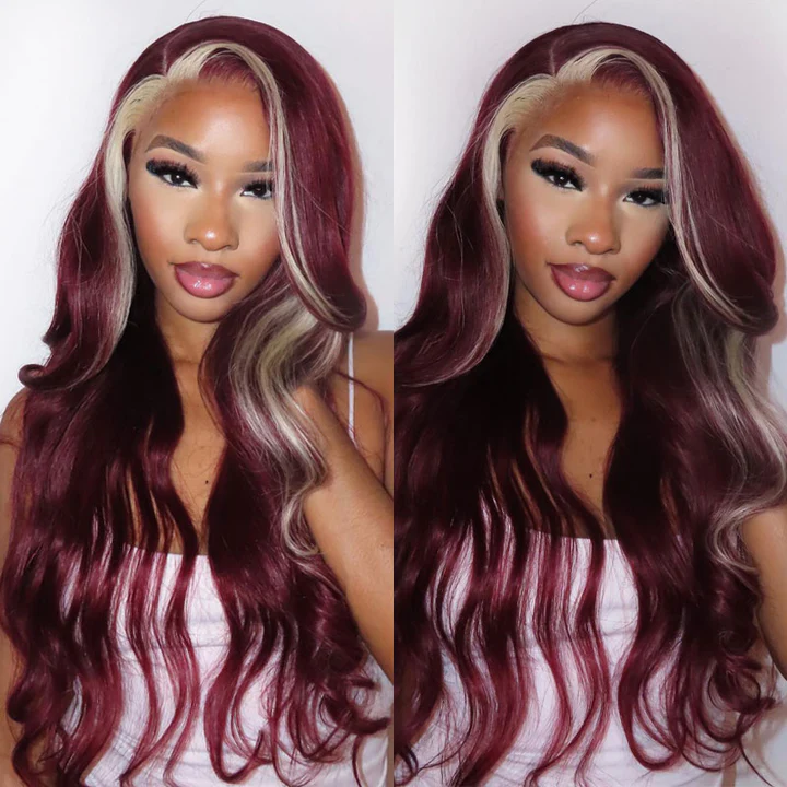 HD Lace Frontal Glueless Wig body Skunk Stripe Wig #99j Color With 613 Lace Front Pre Plucked With Baby Hair Side Part