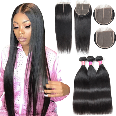 Straight 3 Bundles Avec 4 * 4 Dentelle Fermeture Remy Brésilien 100% Cheveux Humains