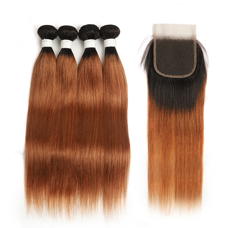 lumiere 1B/30 Ombre Straight Hair 4 Bundles With 4x4 Lace Closure Pre Colored human hair - Lumiere hair
