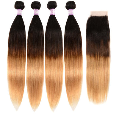 lumiere Hair Malaysian Ombre Straight 4 Bundles with 4X4 Closure Human Hair Free Shipping