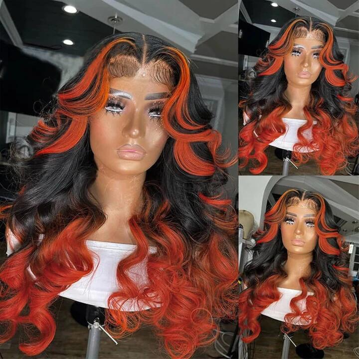 Body Wave Skunk Stripe Orange Highlight With Black Ombre Color Lace Front Wig