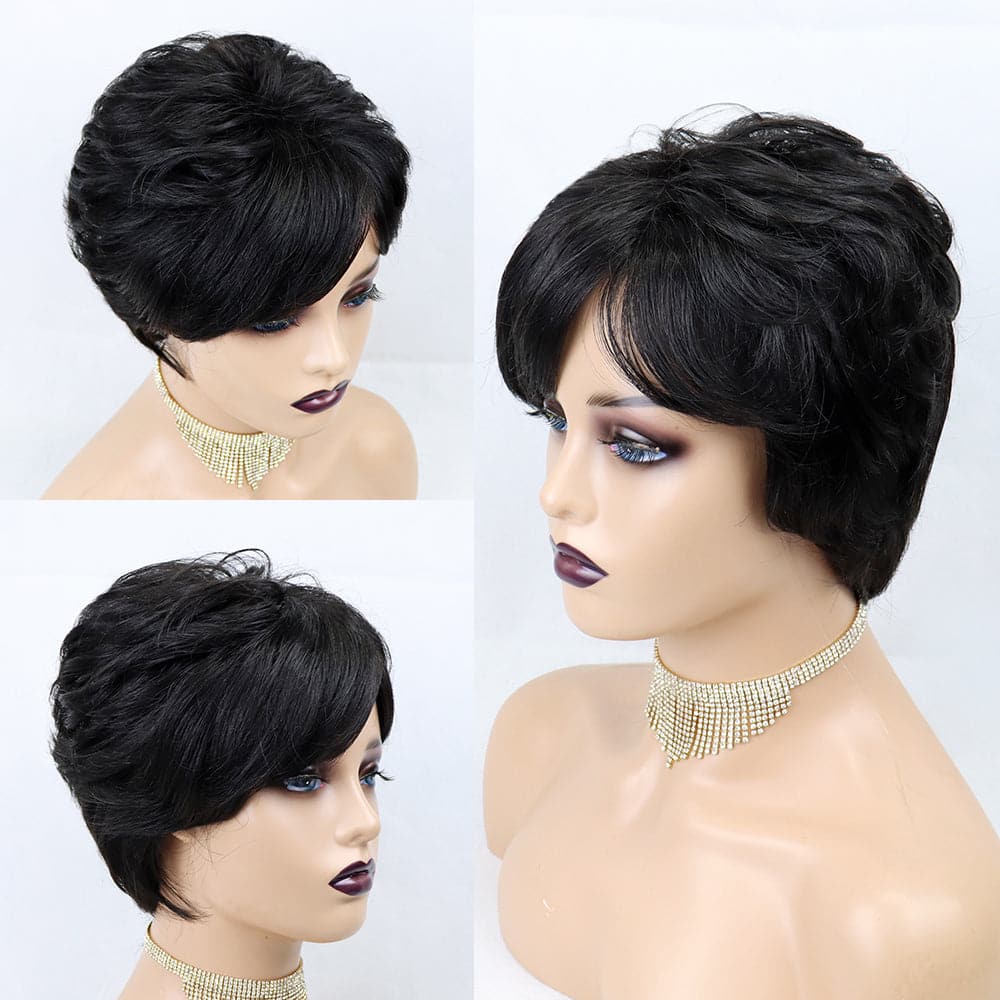 Pixie Cut Wig Human Hair Short bob Full Manchine Made Wig With Bangs For Women
