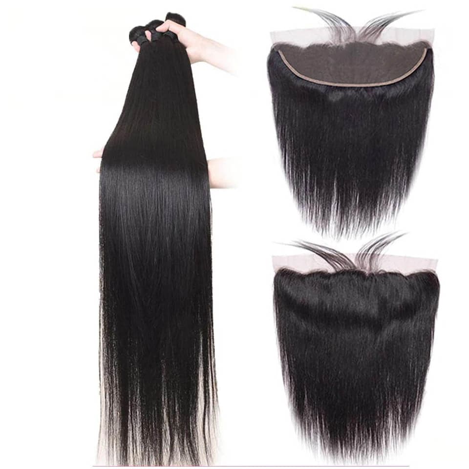 Straight 3 Bundles With 13X4 Frontal Transparent Lace Frontal Brazilian Hair