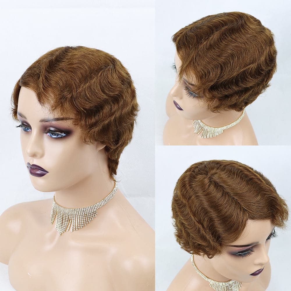 #30 Pixie Cut Finger Wave Short Bob Full Machine None Lace Front Wigs 100% Human Hair