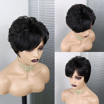 Pixie Cut Wig Cabelo Humano Curto Bob Full Manchine Made Peruca com franja para mulheres 