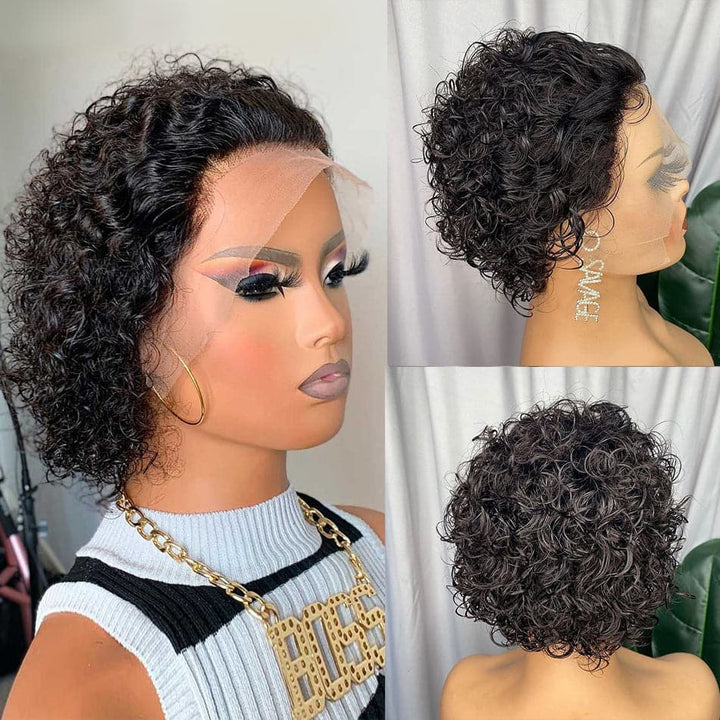 #1b Y Part Curly Short Bob Pixie Cut Lace Front Human Hair Wig For Black Women
