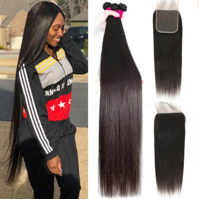 Lumiere Straight Hair Bundles With Closure Long Human Hair 4 Bundles With Lace Closure Remy Hair