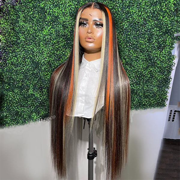 WG-90 Skunk Stripe Highlight Orange blonde Straight/Body Human Hair Wig 13x4 Lace Front Wigs Pre Plucked For Black Women HD 4x4 Lace Closure Wig