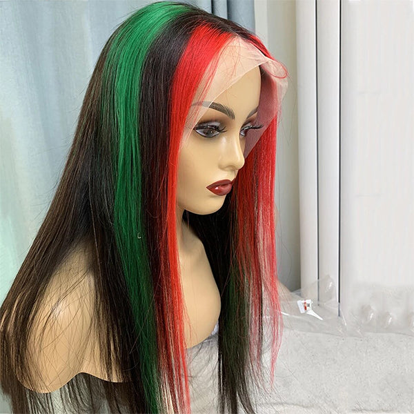 Highlight Red Green Blonde Lace Front Human Hair Wig With13x4 Transparent Lace Frontal Wigs For Black Women Brazilian Hair