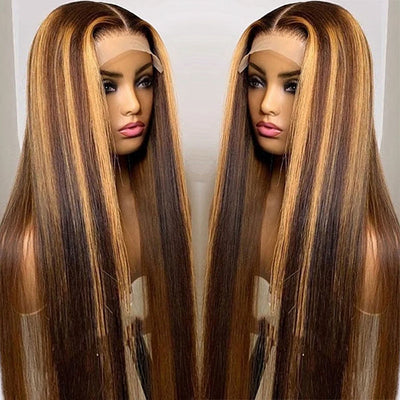 Mettez en surbrillance Ombre Brown Straight HD Lace Front Perruques de cheveux humains pour les femmes 