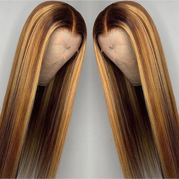 (WG-87) Highlight Ombre Brown Straight HD Lace Front Human Hair Wigs For Women