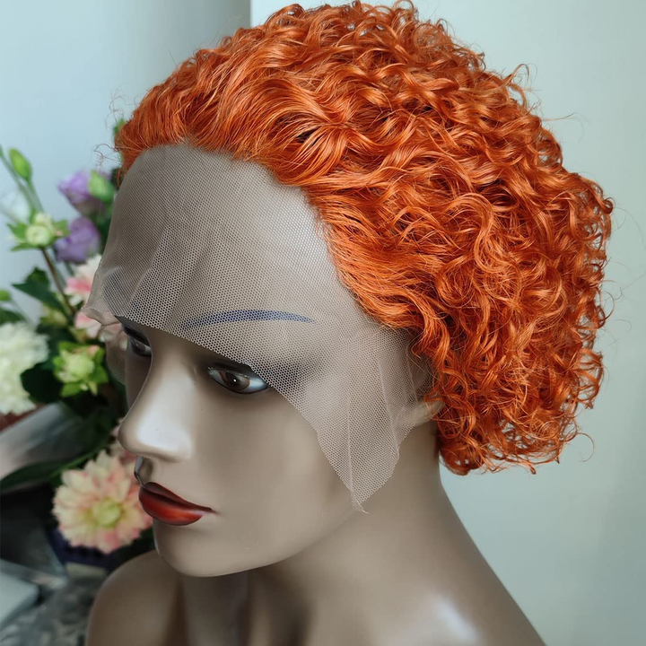 #350 Ginger Color Curto Curly Bob Pixie Cut 13×1 Renda Frontal Virgem Perucas de Cabelo Humano Para Mulheres Negras 