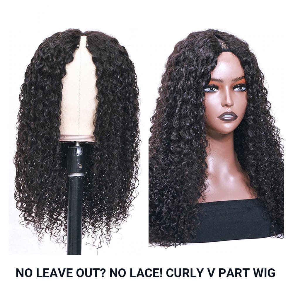 Nouveau V Part Kinky Curly Upgrade No Leave Out Brésilien Remy Glueless Perruques de cheveux humains pour les femmes 