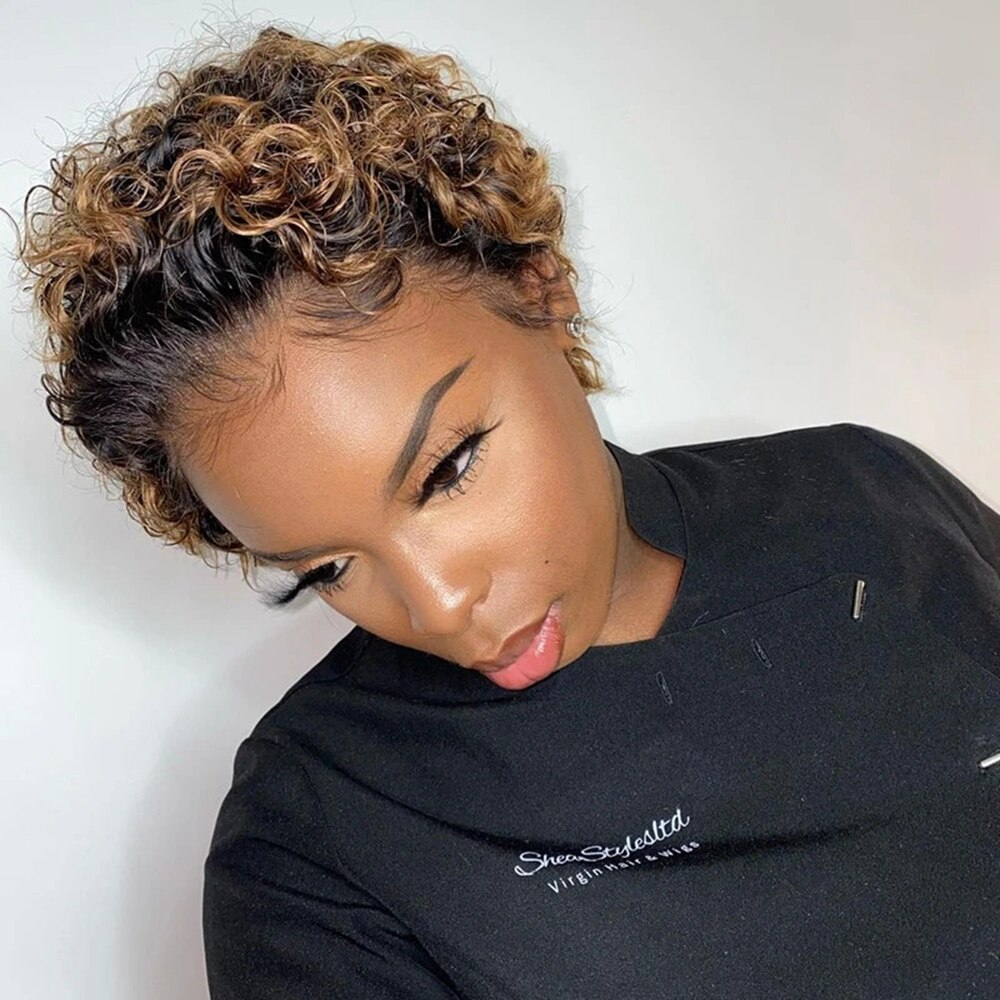 Ombré 1B/27 Curto Curly bob Pixie Cut 13×1 Lace Frontal 150% Density Wig 