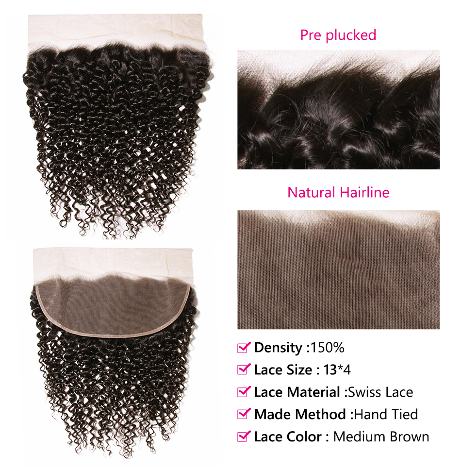 Indian Kinky Curly 3 Bundles avec 13x4 Transparent Lace Frontal Pre Plucked 