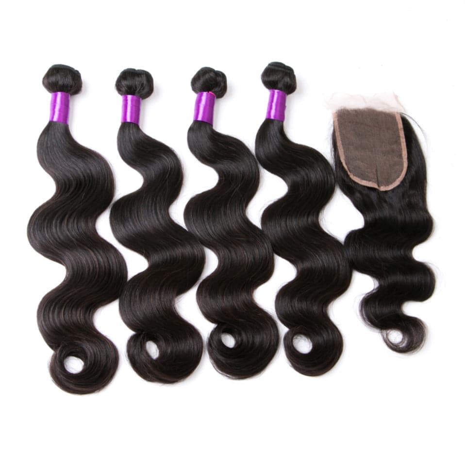 Body Wave 4 Bundles With 4X4 Transparent Lace Closure Brazilian Human Hair