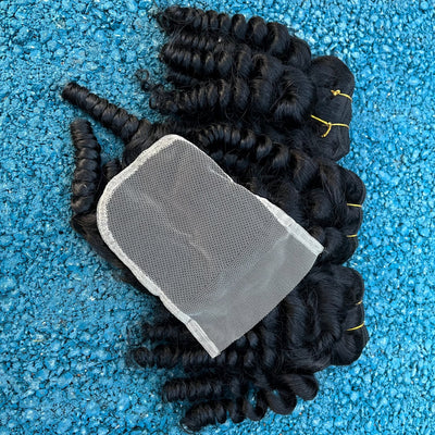Brazilian Finger Roll 3 PCS Human Hair Bundles with 4x4 Lace Closure 3+1 Hair Bundles with HD Transparent Lace Closure