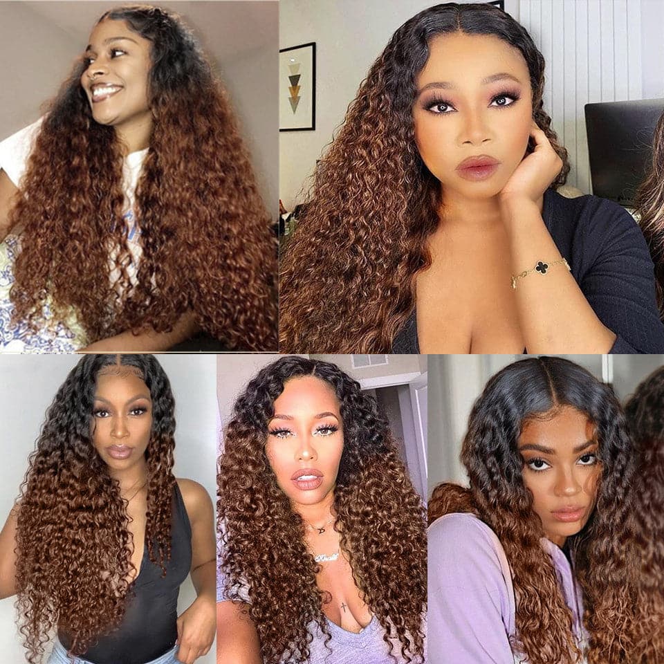 Lumiere 1B/4 Ombre Brown Kinky Curly 4x4/5x5/13x4 Lace Closure/Frontal 150%/180% Density Wigs For Women Pre Plucked
