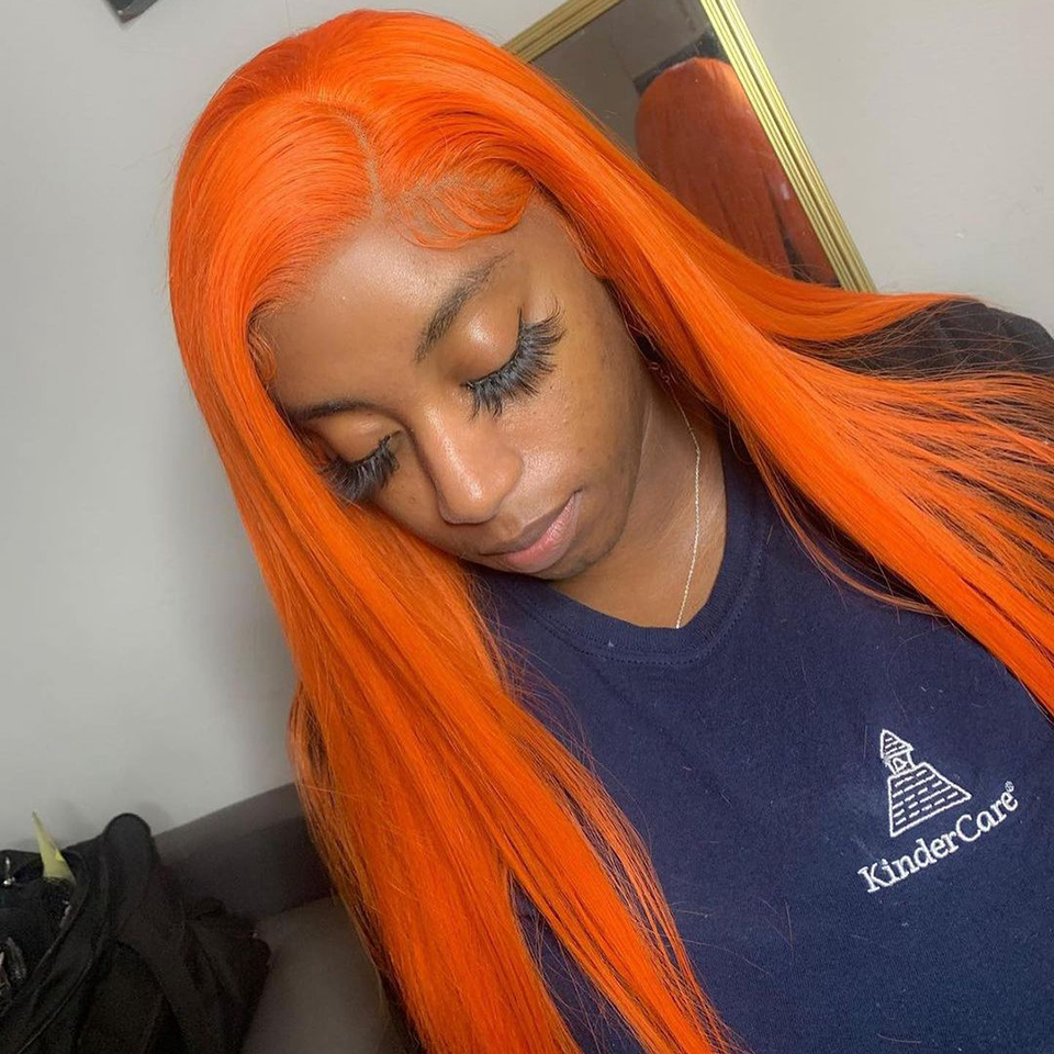 Orange Straight Lace Front / Lace Closure Human Hair Wigs With Baby Hair for Women