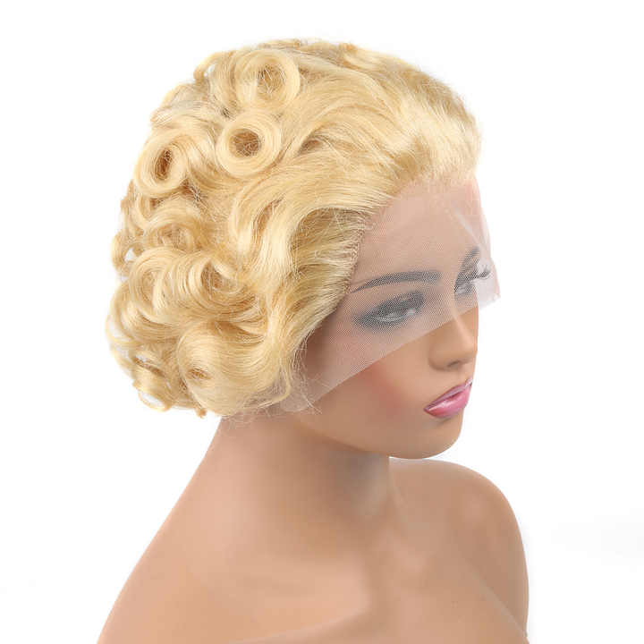 613 Blonde 13x1 Lace Loose Curly Short Pixie Cut Bob Perruques Pour Femmes 
