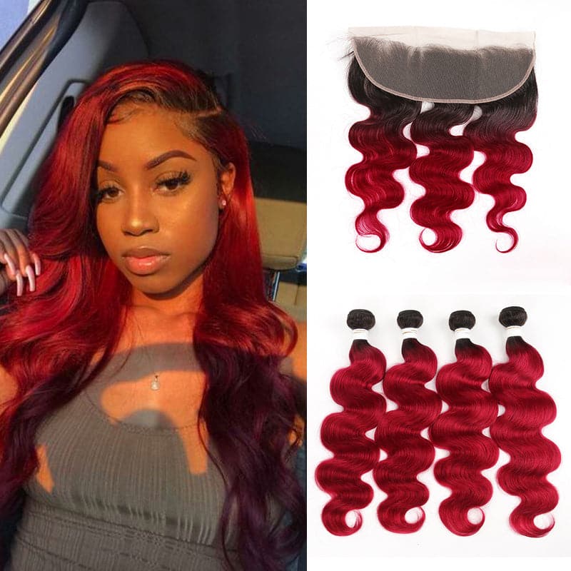1B/BURG Ombre Body Wave 4 Bundles With 13x4 Lace Frontal Pre Colored Ear To Ear