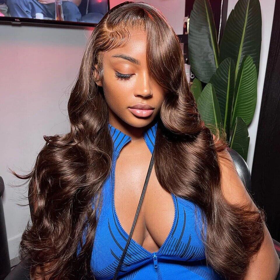 Chocolate Brown Body Wave Transparent Lace Front Human Hair Wig Pre Plucked