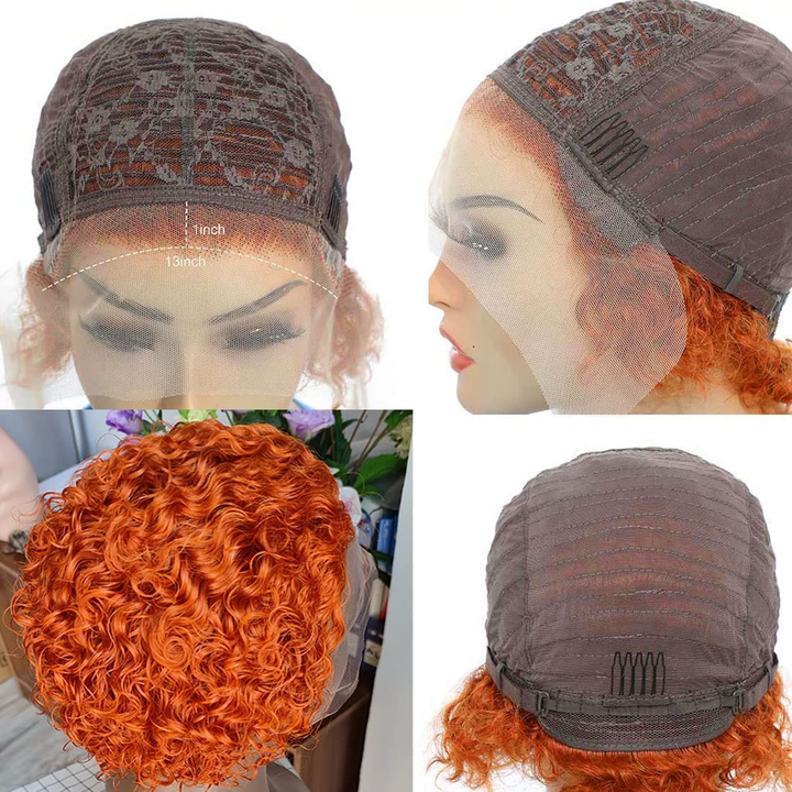 #350 Ginger Color Short Curly bob Pixie Cut 13×1 Lace Frontal Virgin Human Hair Wigs For Black Women