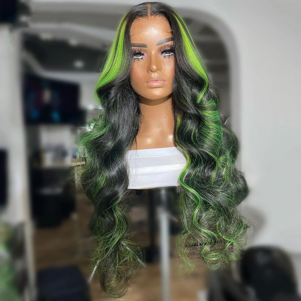 Green Black Highlight Body Wave Lace Front Human Hair Wig