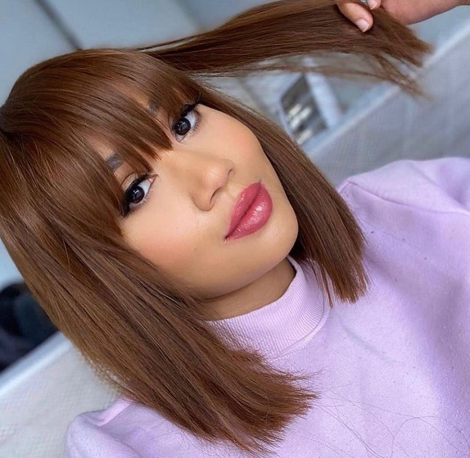Chocolate Brown Color Straight Bob Wig With Bangs None Lace 14 inch