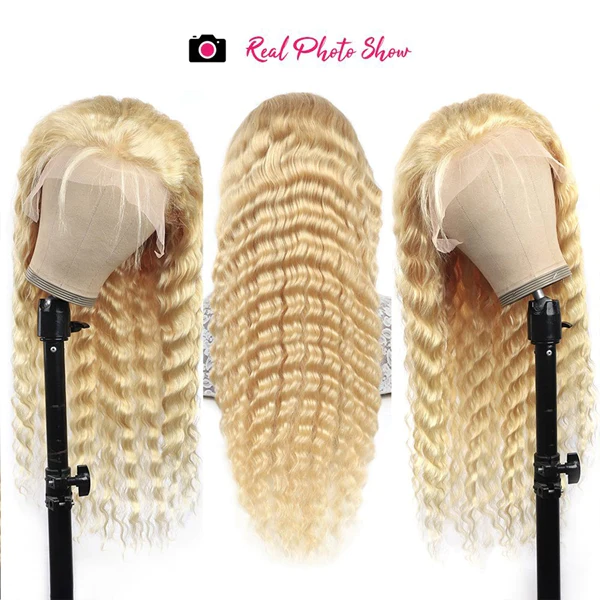 30Inch Kinky Curly 613 Blonde HD Transparent Lace Frontal Wig Perruques de cheveux humains pré-plumés 