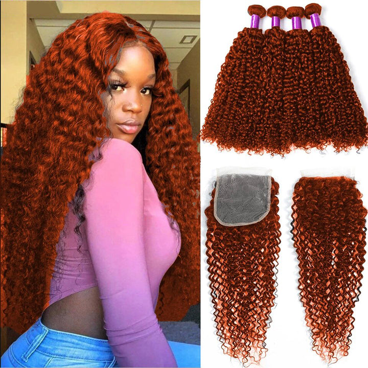 #350 Ginger Kinky Curly 4 Bundles Avec 4X4 Lace Closure Brésilien Remy Cheveux Humains 