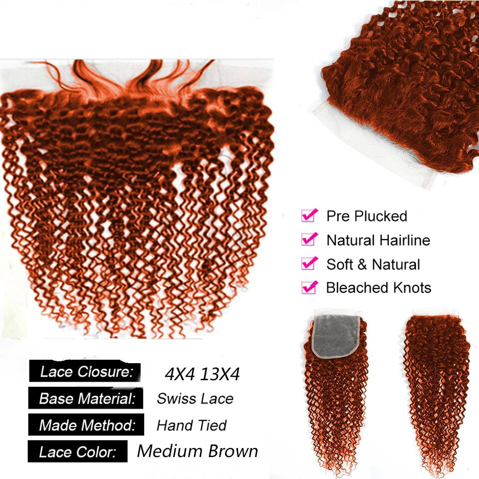 350 Ginger Orange Colored Kinky Curly Hair 13x4 Frontal Brésilien 100% Cheveux Humains 