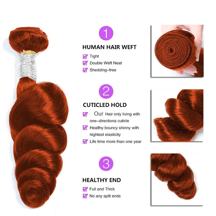 #350 Ginger Orange Loose Wave 4 Bundles avec 4X4 Lace Closure Remy Human Hair 