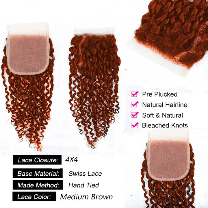 350 Ginger Orange Kinky Curly 4x4 Closure Brasileiro 100% extensões de cabelo humano 