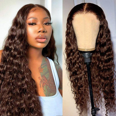 Chocolate Brown Deep Wave Glueless Lace Front Human Hair Wigs For Black Women