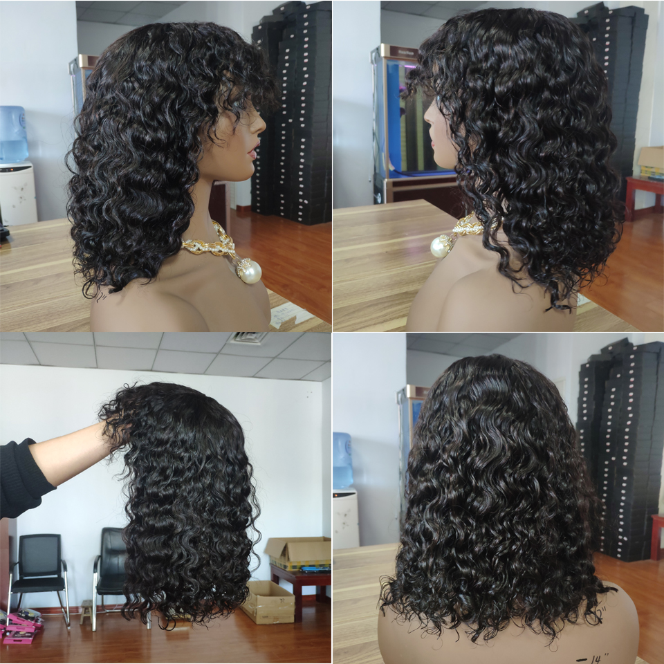 Water Wave Bob Full Machine Made None Lace Front Wigs With Bangs
