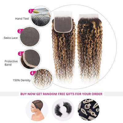 P4/27 Highlight Kinky Curly 4 Bundles With 4x4 Lace Closure Brazilian Remy Human Hair