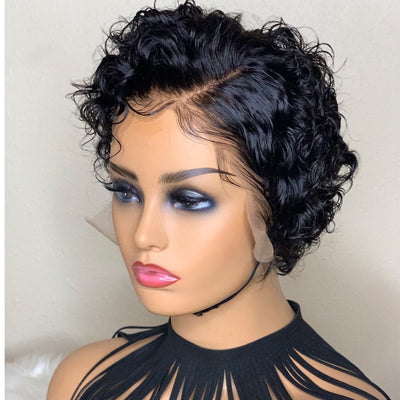 Natural Black 13x1 T Lace Side Part Kinky Curly Short Pixie Cut Bob Wigs For Women