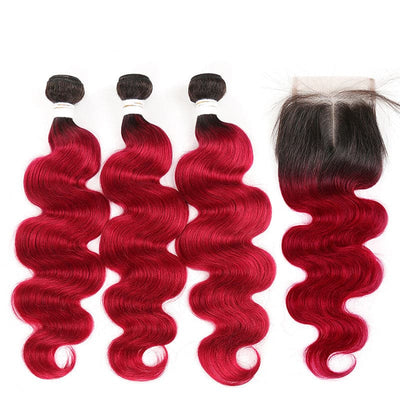 Lumiere Ombre 1B/BURG Body Wave 3 Bundles With Closure 4x4 pre Colored 100% virgin human hair - Lumiere hair