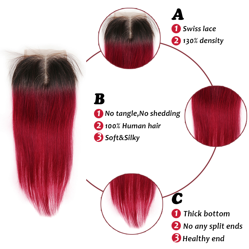 1B/BURG Ombre Straight Hair 4 Bundles With 4x4 Lace Closure Pre Colored human hair - Lumiere hair
