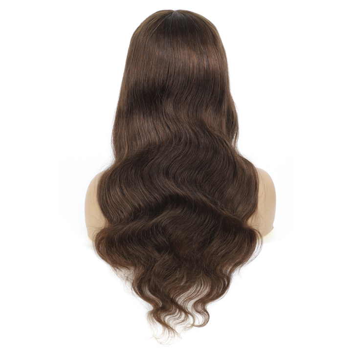 #4 Brown Body Wave Full Machine Made None Lace Virgin Human Hair Wigs With Bangs