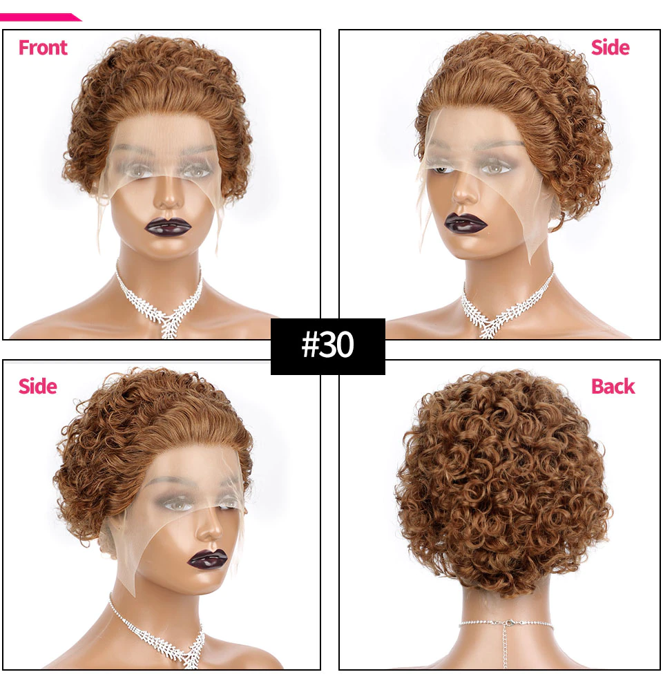 # 30 Court Bouclés Bob Pixie Coupe 13 × 1 Dentelle Frontale Vierge Brésilienne de Cheveux Humains Pré Pincées Perruque 