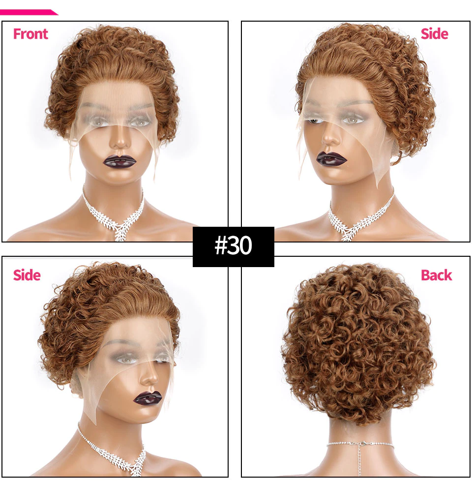 #30 Short Curly bob Pixie Cut 13×1 Lace Frontal Virgin Brazilian Human Hair Pre Plucked Wig